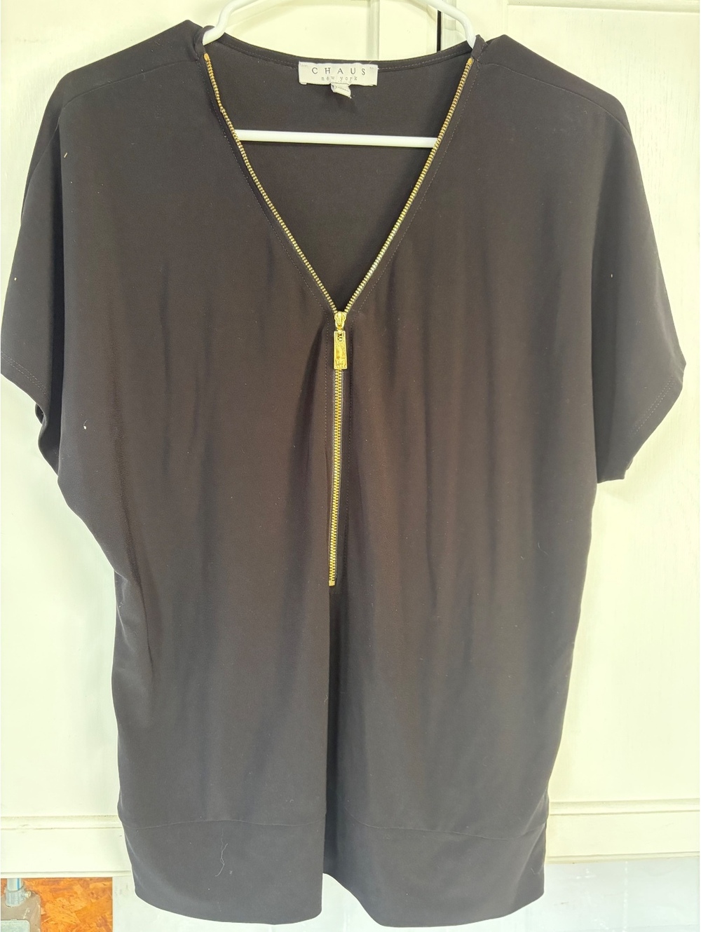 Chaus Black Short Sleeve Top with Gold Zipper Detail Size L